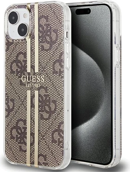 Mbështjellës Guess IML 4G Gold Stripe për iPhone 15 Plus / 14 Plus, Kafe