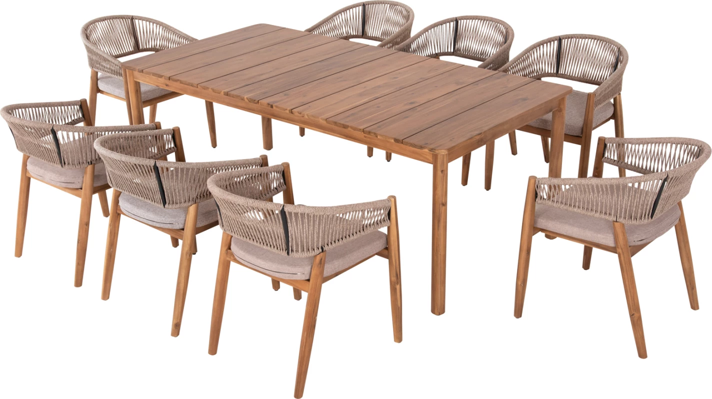 Tavolinë me karrige për terasë 9 pjesë NAVANT FH21066.02, tavolinë me 8 karrige, dru akacie, litar najloni, ngjyrë bezhë