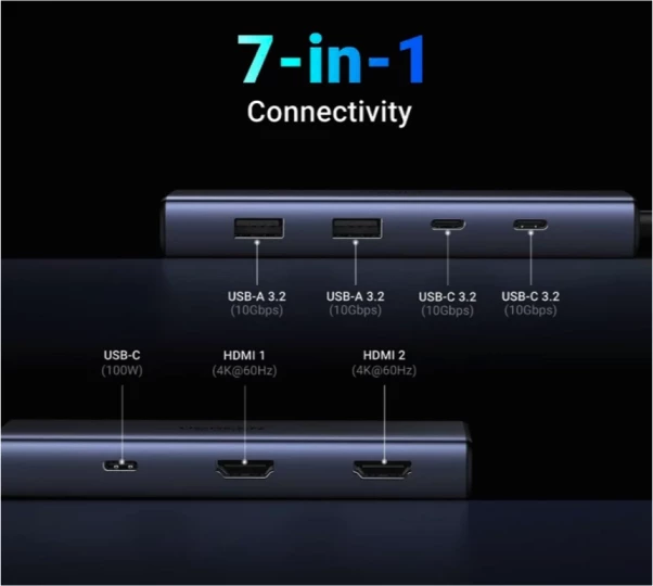 Stacion dokimi USB-C UGREEN 45379 6-në-1, 2x HDMI, PD 100W, 5Gbps, 2x USB-A, gri