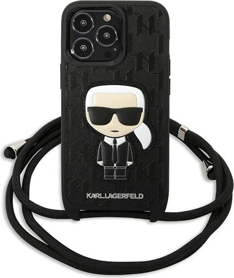 Mbështjellës Karl Lagerfeld Leather Monogram Patch and Cord për iPhone 13 Pro/13, E zezë