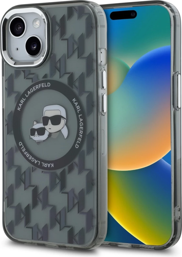 Mbështjellës Karl Lagerfeld IML Monogram Karl & Choupette Head MagSafe për iPhone 15 Plus, Zi