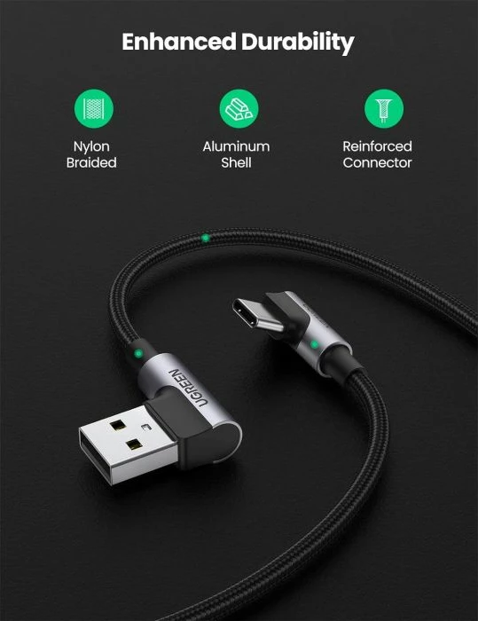 Kabllo USB-A në USB-C UGREEN 20857, 2m, 90° (right-angle), karikim i shpejtë 18W, 480Mbps, e thurur, e zezë