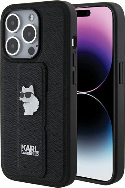 Mbështjellës Karl Lagerfeld Gripstand Saffiano Choupette Pins për iPhone 15 Pro, i zi