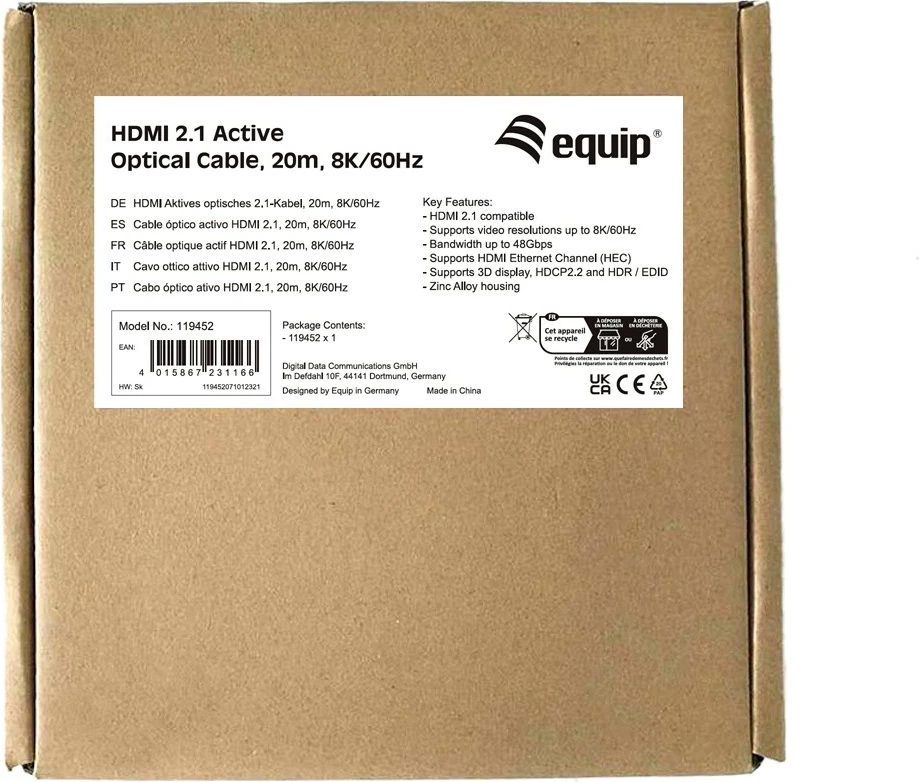 Kabëll HDMI 2.1 Aktiv Optik Equip, 20m, 8K/60Hz, i zi