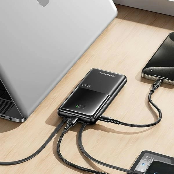 Powerbank AWEI P76K, 10000mAh, 22.5W, 4 dalje, me dy kabllo, e zezë