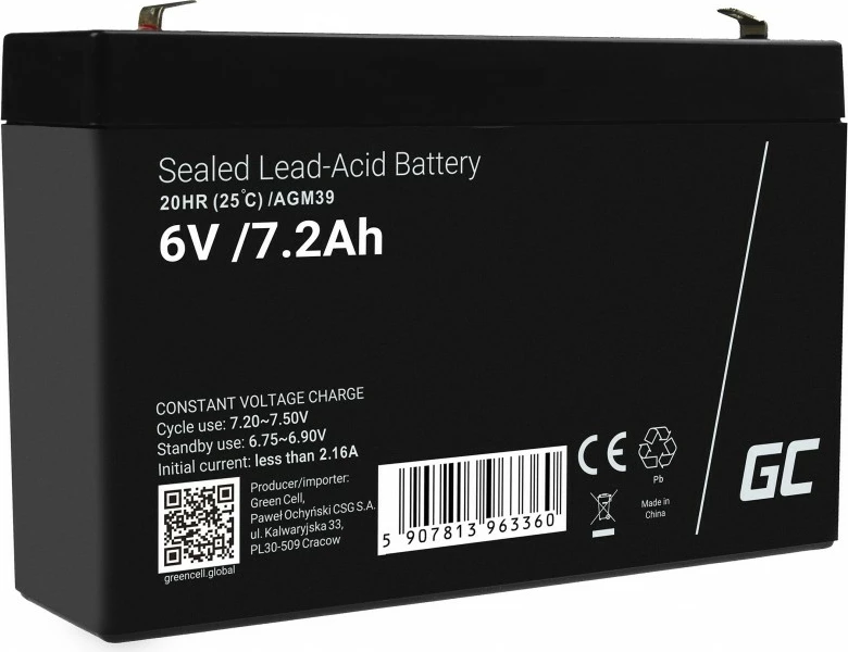 Bateri e rikarikueshme AGM VRLA, Green Cell, AGM39, 6V 7.2Ah, 151x34x94 mm