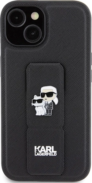 Mbështjellës Karl Lagerfeld Gripstand Saffiano Karl&Choupette Pins për iPhone 15 Plus / 14 Plus, i zi