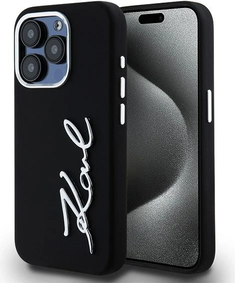Mbështjellës Karl Lagerfeld Silicone Metal Script Logo për iPhone 15 Pro, i zi