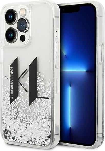 Mbështjellës Karl Lagerfeld KLHCP14LLBKLCS për iPhone 14 Pro 6.1", Liquid Glitter Big KL, argjendtë