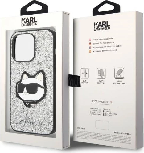 Mbështjellës Karl Lagerfeld Glitter Choupette për iPhone 14 Pro 6.1", argjendtë