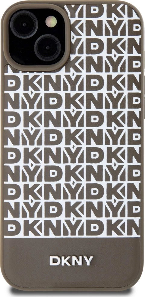 Mbështjellës DKNY Leather Printed Pattern Metal Logo MagSafe për iPhone 15/14/13, Kafe