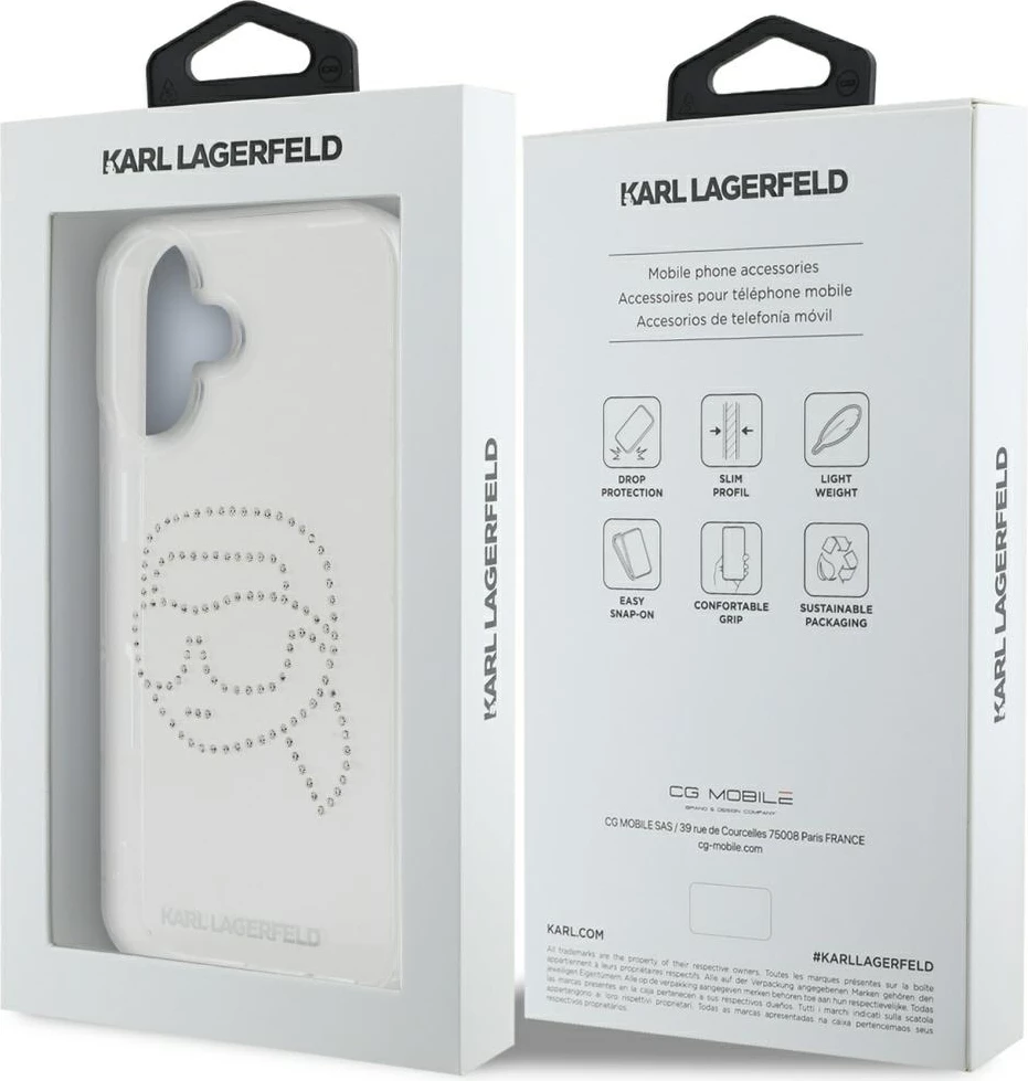 Mbështjellës Karl Lagerfeld IML Rhinestones Karl Head për iPhone 16, Transparent