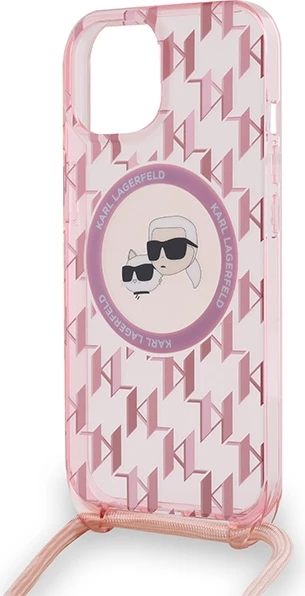 Mbështjellës Karl Lagerfeld IML Crossbody Monogram Karl & Choupette Head MagSafe për iPhone 15/14/13, rozë