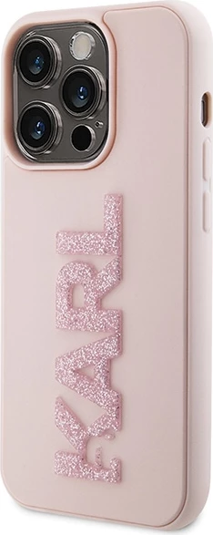 Mbështjellës Karl Lagerfeld 3D Rubber Glitter Logo për iPhone 15 Pro, rozë