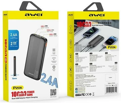 Powerbank AWEI P20K, 10000mAh, 2xUSB, e zezë