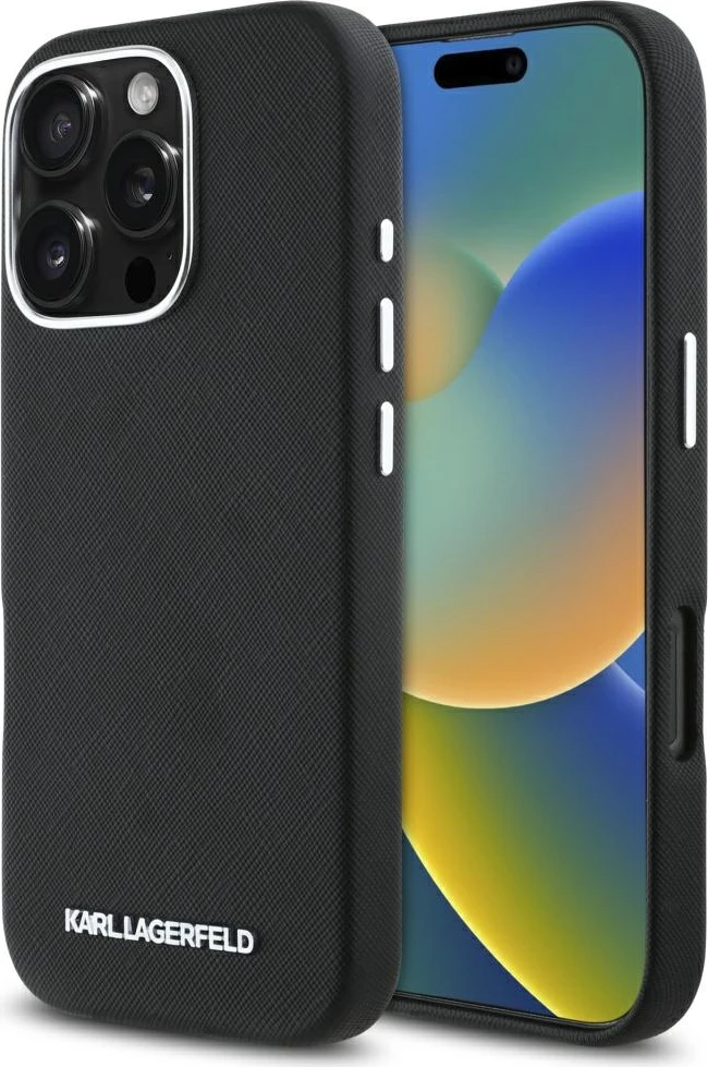 Mbështjellës Karl Lagerfeld Saffiano Full Wrapped Elongated Metal Logo MagSafe për iPhone 16 Pro Max, Zi