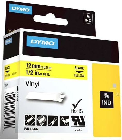 Shirit etiketimi Dymo RhinoPRO 18432 12mm x 5.5m vinil, zi/verdhë