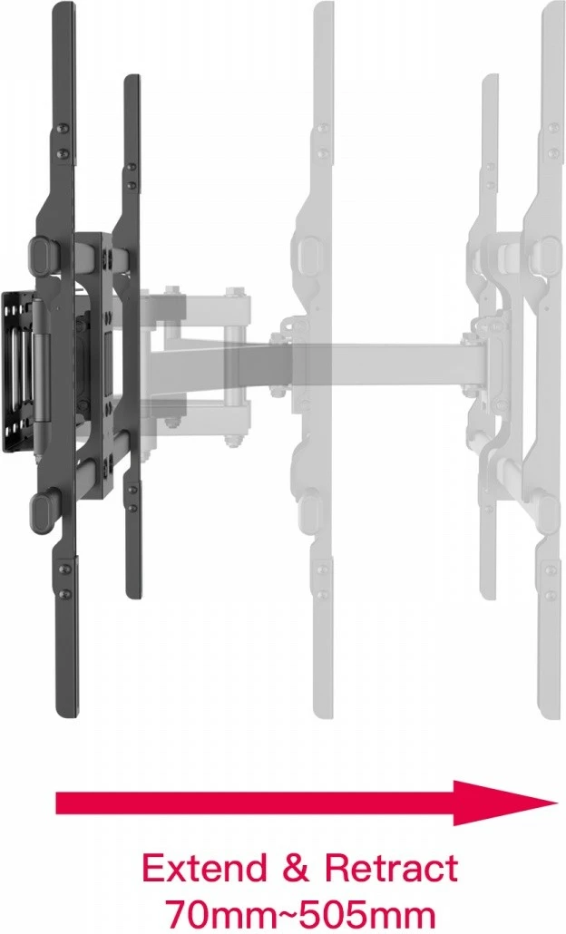 Mbajtës muri TV, TB, TB-854, deri 100 inç, ngarkesë 65 kg, VESA 800x600, shtrirje 70–505 mm, rrotullim 60°, pjerrësi 12°, zi