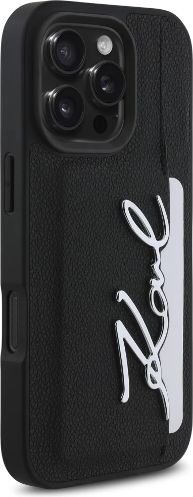 Mbështjellës, Karl Lagerfeld, HC Grained PU Cardslot Metal Signature për iPhone 16 Pro 6.3", xhep kartash, PU i punuar, e zezë