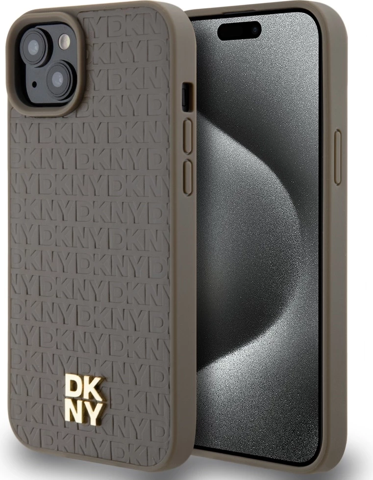 Mbështjellës DKNY Leather Pattern Metal Logo MagSafe për iPhone 15/14/13, Kafe