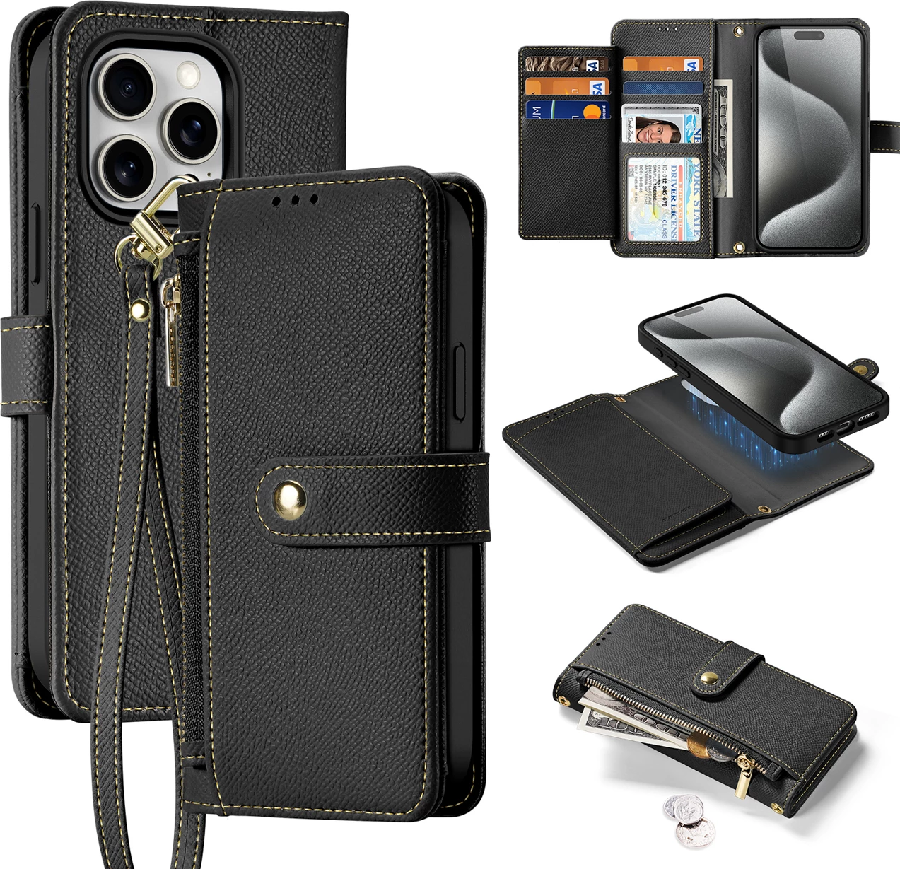 Mbështjellës Dux Ducis Lawa për iPhone 15 Pro, lëkurë, me portofol magnetik, i zi