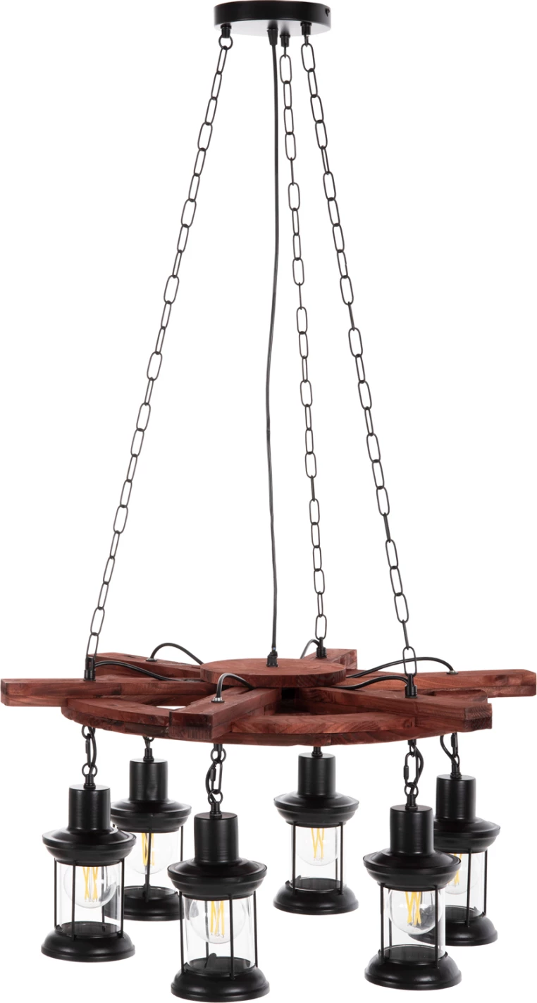 Llambë varëse tavani 6-dritash, FH4116, dru-metal-xham, 119H cm