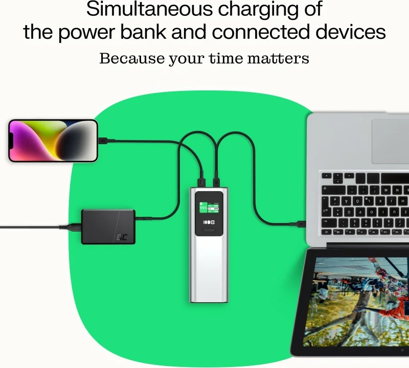 Powerbank, Green Cell, PowerPlay Ultra PBGC25UD, 25200mAh 140W PD, USB-C/USB-A, ekran LCD, argjendtë/zezë, me futrollë dhe kabllo C-C 140W