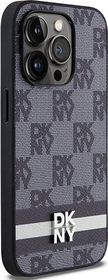 Mbështjellës DKNY Leather Checkered Mono Pattern & Printed Stripes për iPhone 14 Pro, i zi