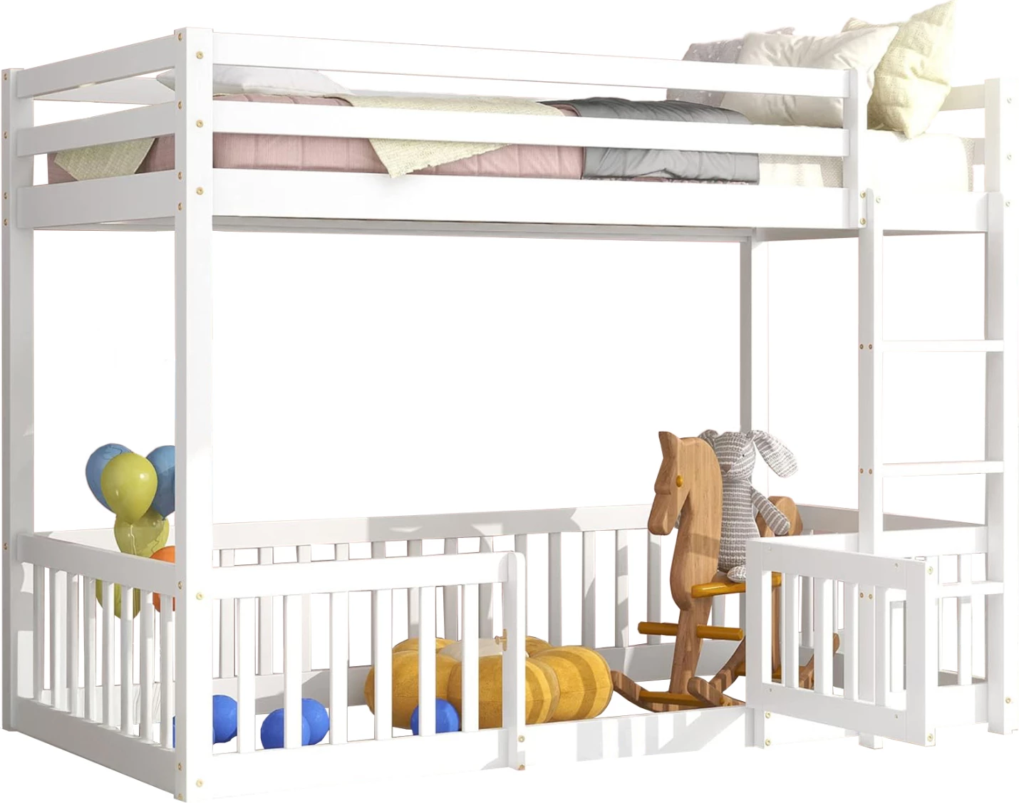 Krevat marinari për fëmijë Montessori PLAYKID me kënd lojërash, dru pishe i bardhë, FH703.03, 190x90cm