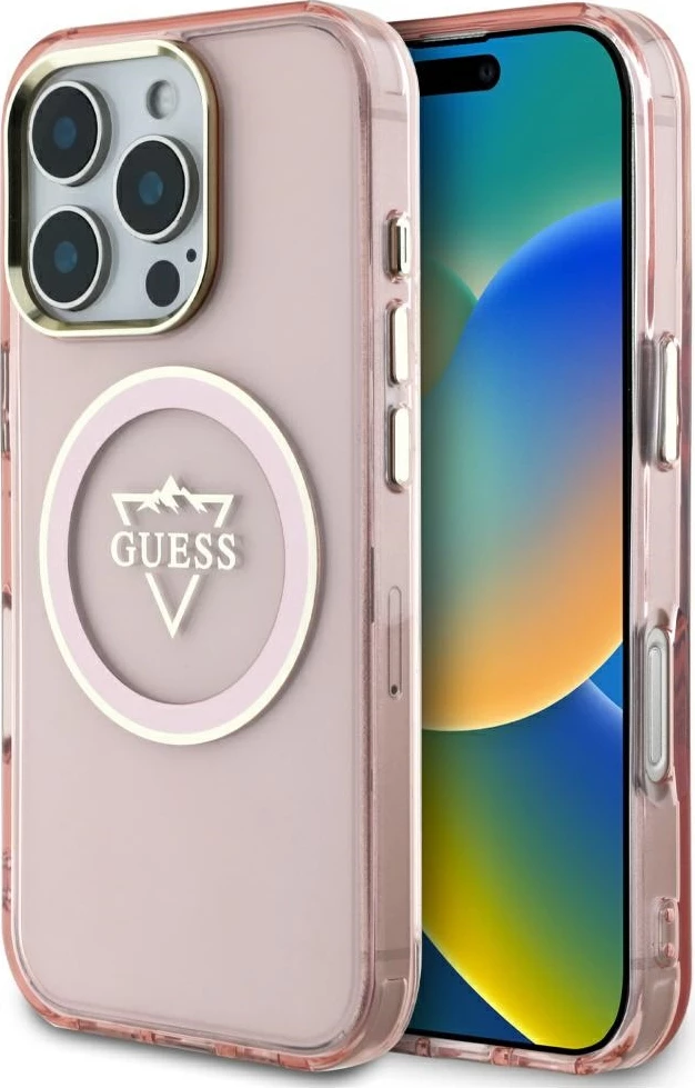 Mbështjellës Guess IML Metal Mountain Logo MagSafe për iPhone 16 Pro Max, Rozë