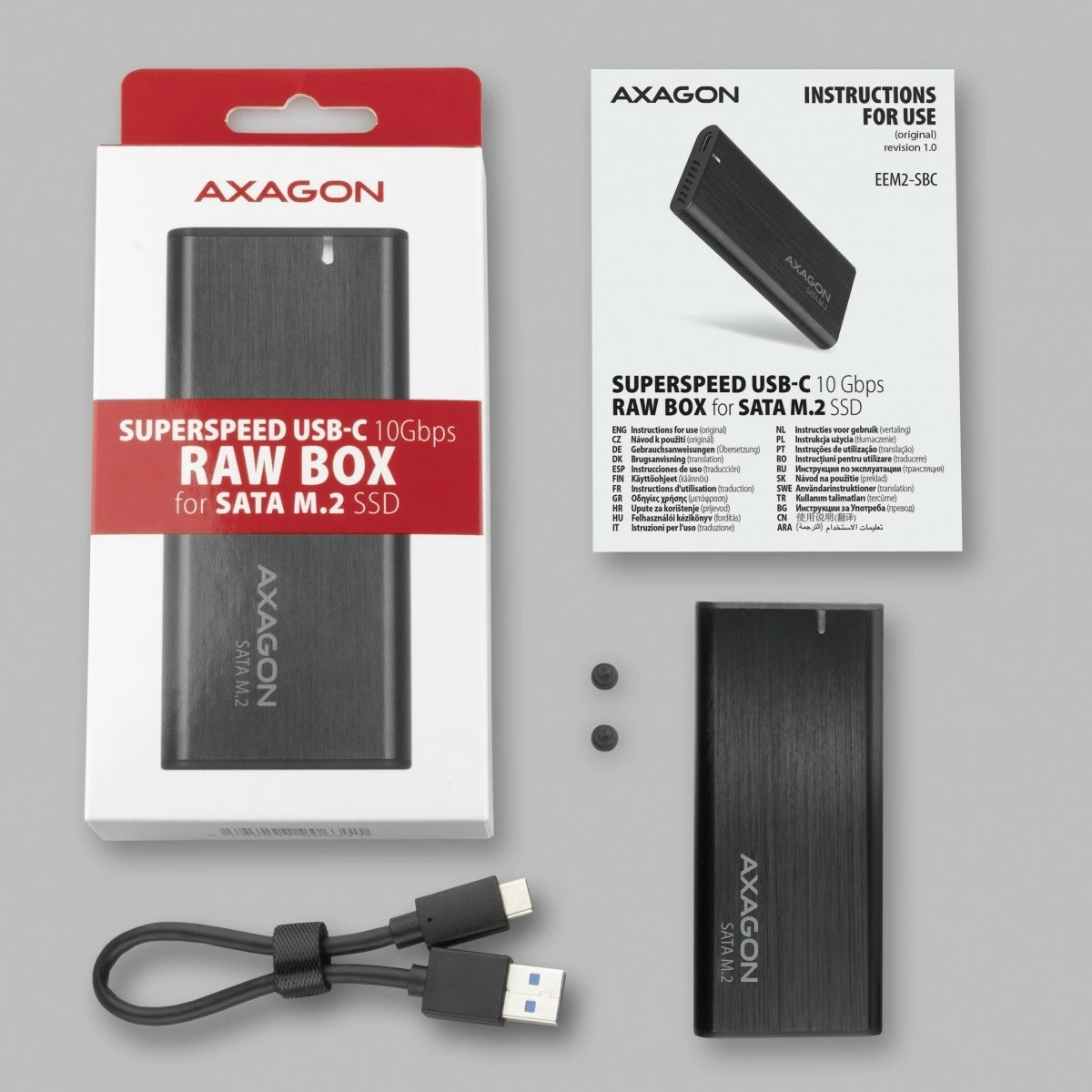 Kasë e jashtme AXAGON EEM2-SBC për SSD M.2 SATA, USB-C 3.2 Gen 2, Alumini, E zezë