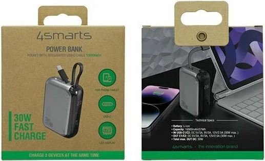 Powerbank 4smarts KAT06964 10000mAh 30W me kabllo USB-C të integruar 15cm me ekran LCD gri