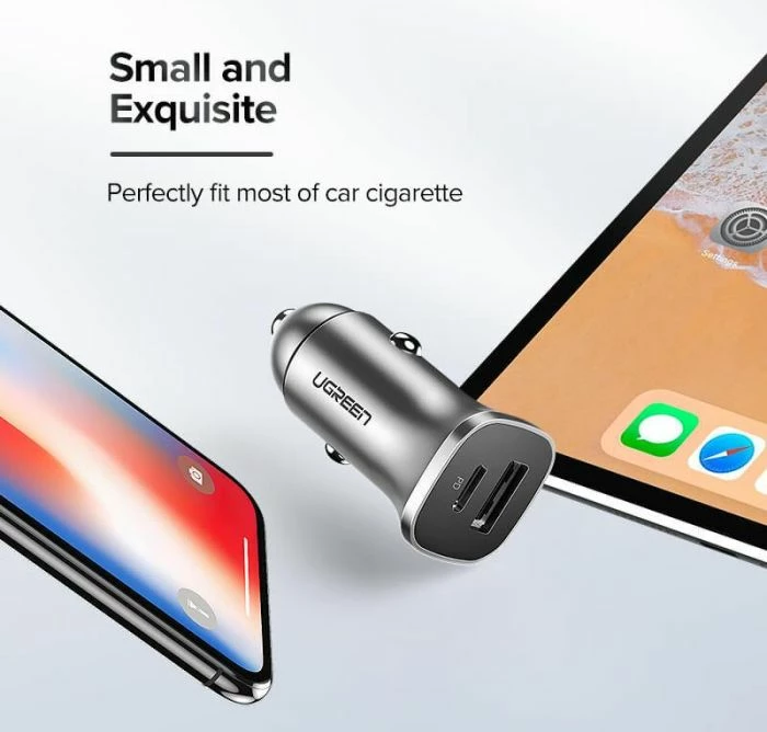Karikues veture UGREEN 30780 USB-A + USB-C PD 18W, gri, me kuti