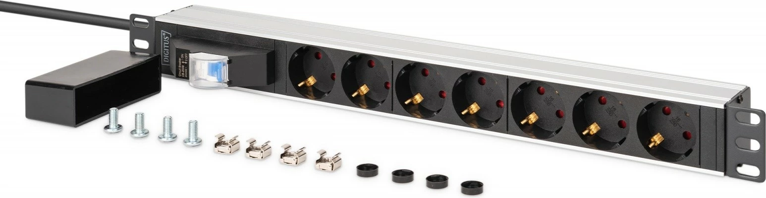 Shirit rryme PDU rack 19", Digitus DN-95439, 7 Schuko, ndërprerës tip C 16A, kabllo 1.8 m CEE 7/7, 4000 W, alumin, zi/argjend