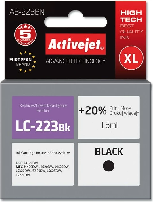 Ngjyrë zëvendësuese Activejet AB-223BN për printer Brother, 16ml, e zezë