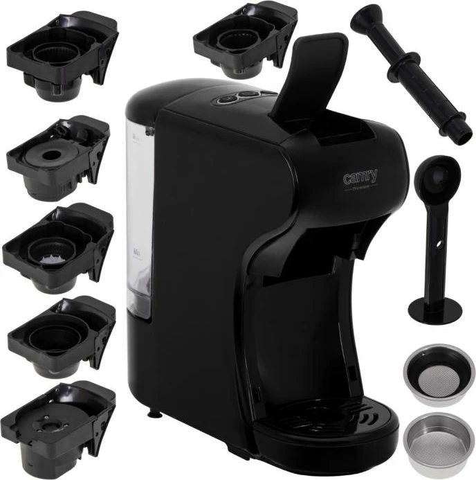 Makinë espresso CAMRY CR4414, multi-kapsulë, 19 bar, 0.6 L, 1450 W, e zezë, set me adapterë kapsulash + filtër kafeje të bluar