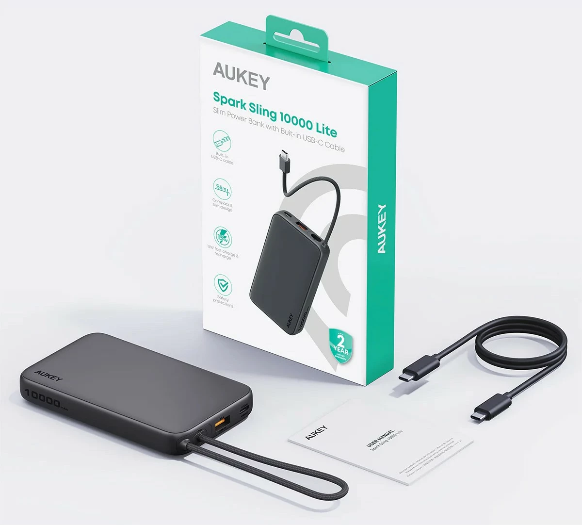 Power bank AUKEY PB-Y53P Spark Sling 10000mAh, 22.5W, 4xUSB, Kabllo USB-C, Zi