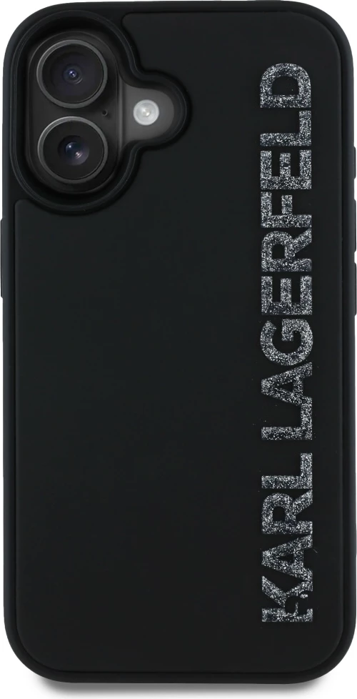 Mbështjellës Karl Lagerfeld HC 3D Rubber Elongated Glitter për iPhone 16, i zi