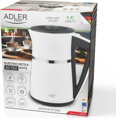 Çajnik elektrik, Adler, AD1355W, 1.7 L, 2200 W, mure të dyfishta, çelik inox brenda, bazë 360°, bardhë-e zezë