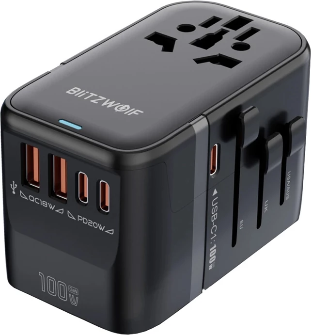 Adapter udhëtimi BlitzWolf BW-TA2 5-në-1, 2xUSB PD, 2xUSB-C QC, USB-C GaN 100W, zi