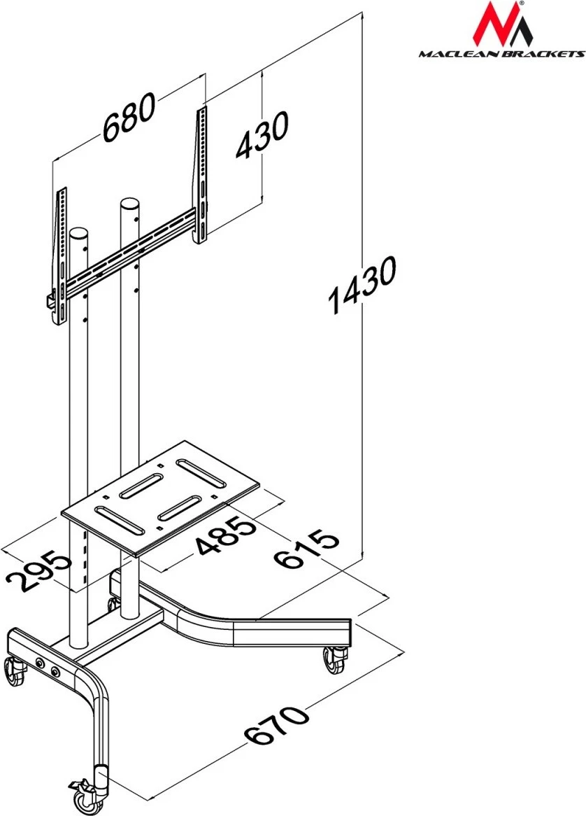 Karrocë profesionale për TV Maclean MC-739, për TV 32-65 inç, deri 40 kg, e zezë