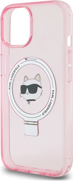 Mbështjellës Karl Lagerfeld KLHMP15SHMRSCHP për iPhone 15 6.1", hardcase me ring stand MagSafe, rozë