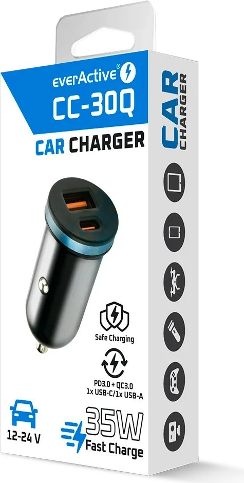 Karikues makine, everActive CC-30Q, 35W, USB QC3.0 + USB-C PD, 1x USB + 1x USB-C, zi