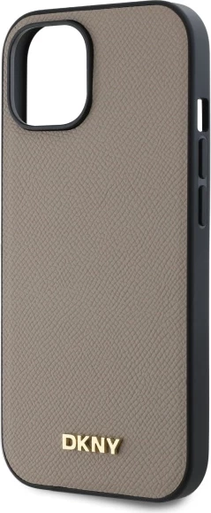 Mbështjellës DKNY Grained Metal Logo MagSafe për iPhone 15, Bezhe