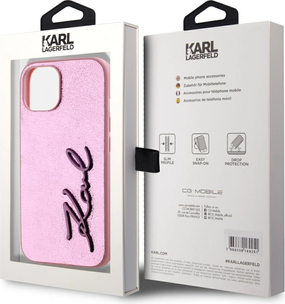 Mbështjellës Karl Lagerfeld Wrinkled Metal Signature për iPhone 15, Rozë