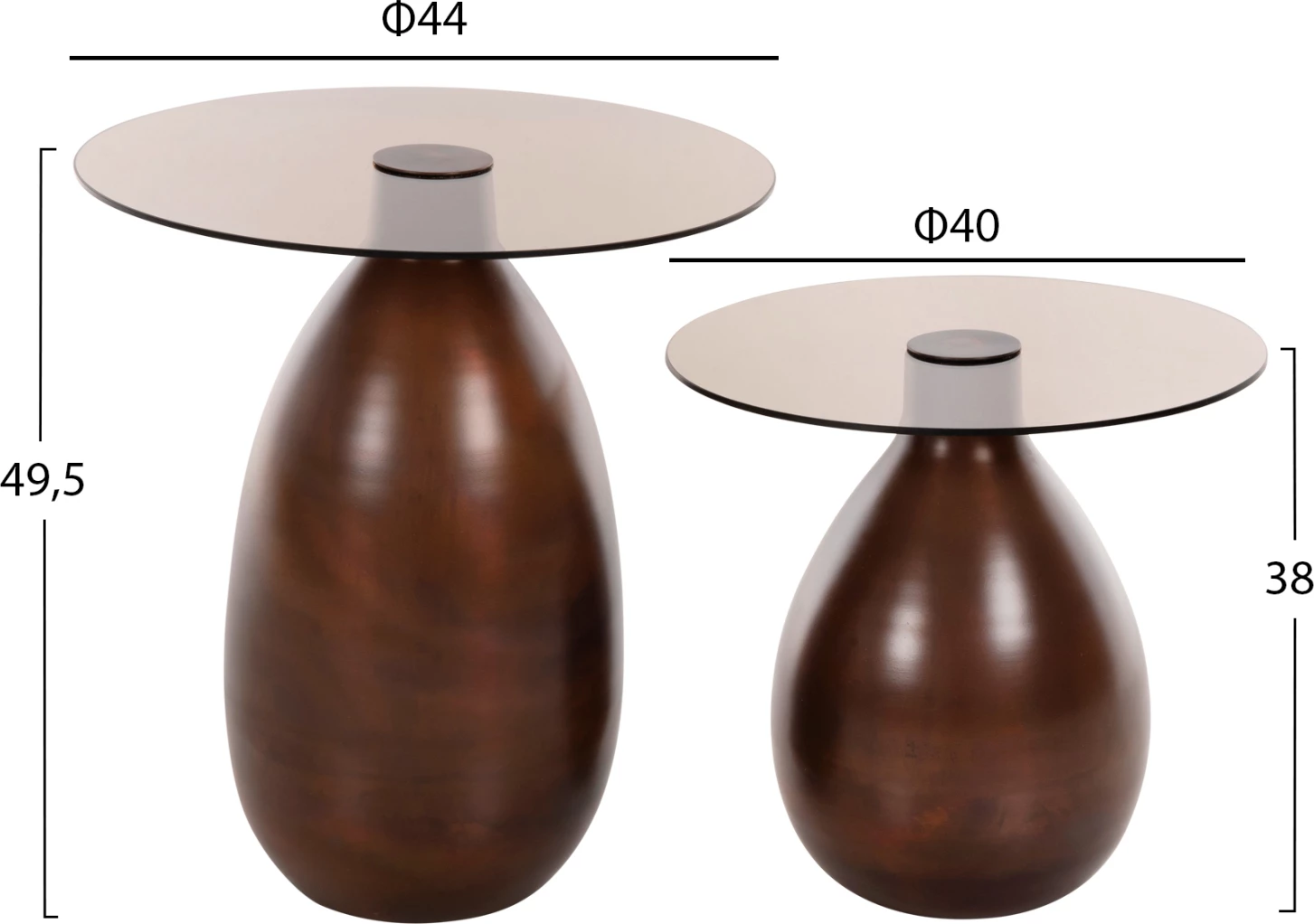 Tavolina anësore 2 copë REGEN FH9666 metal në ngjyrë bakri me sipërfaqe qelqi Φ44 & Φ40 cm