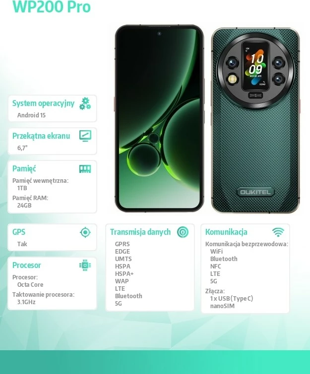 Celular OUKITEL WP200 Pro 5G 24GB/1TB 6.7" AMOLED 120Hz IP68/IP69K 8800mAh gjelbër