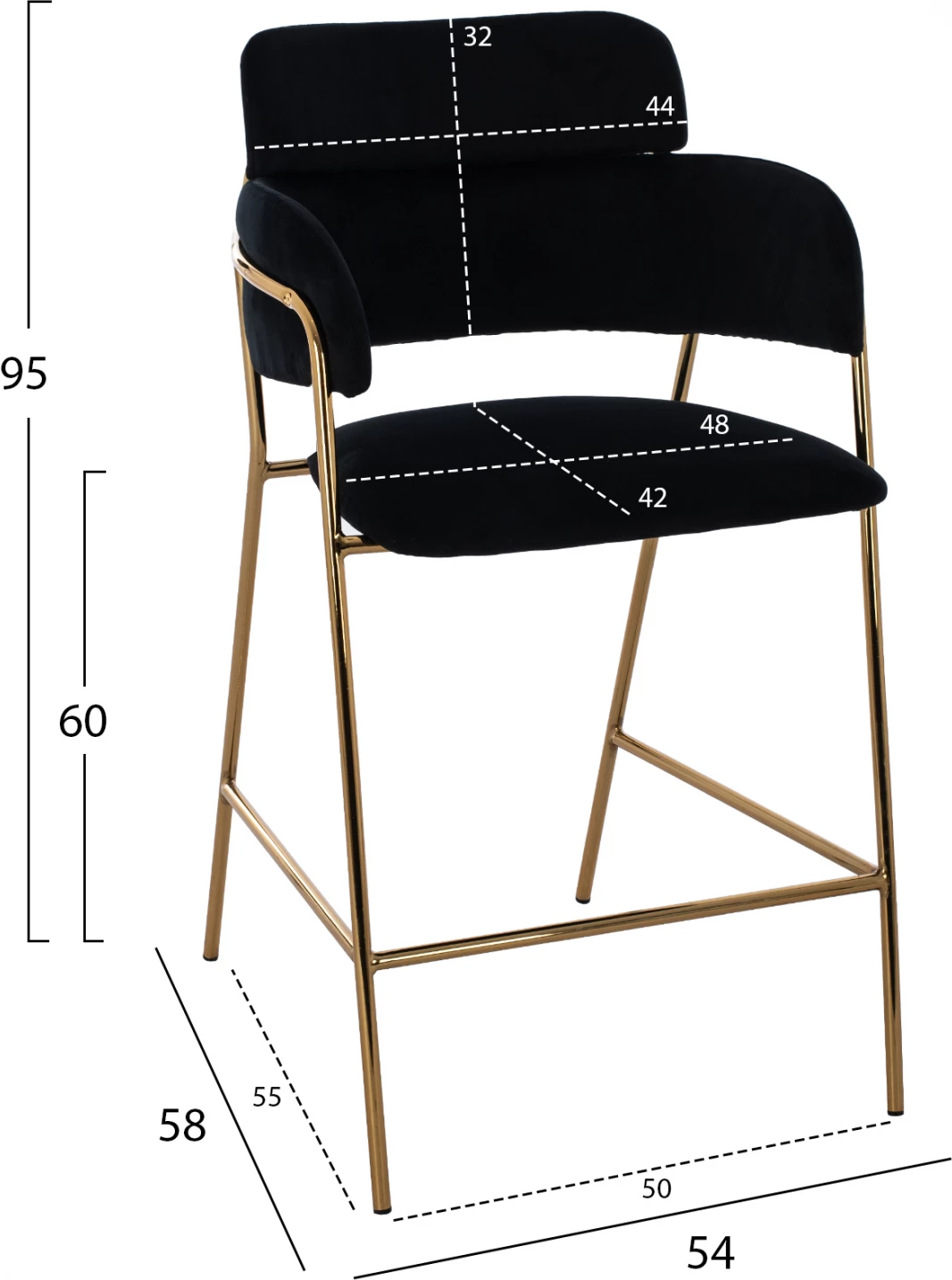 Karrige mesatare për bar, FH8735.04, kadife e zezë, kornizë e artë, 54x58x95 cm., set prej 2 copë