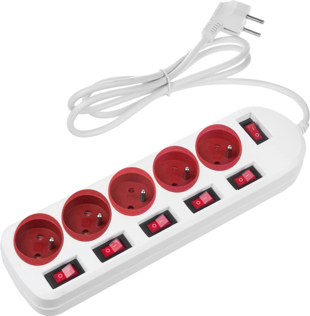 Shtrirës Maclean MCE204, 5 priza, me ndërprerës, 250VAC/10A, 1.5m, Bardhë