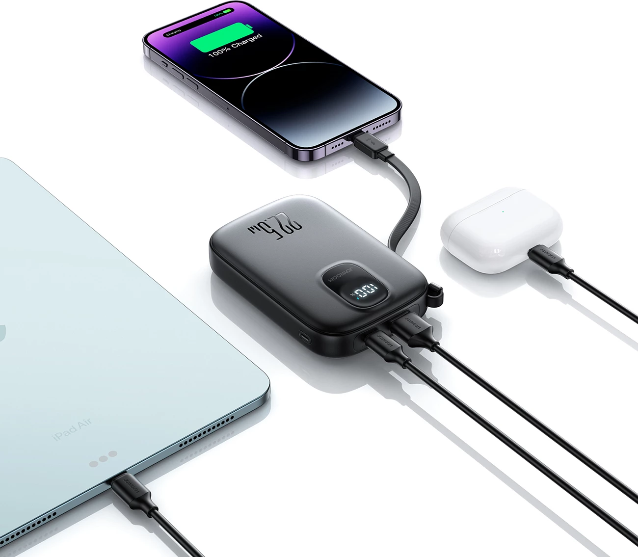 Powerbank Joyroom JR-PBF18, 10000mAh, 22.5W, me kabllo Lightning të integruar + kabllo USB-C 25cm, e zezë